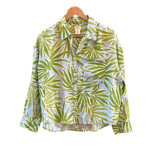 Sigrid Olsen Tropical Botanical Print Linen Blouse Sz M Resort Wear Coastal Chic - Picture 1 of 5